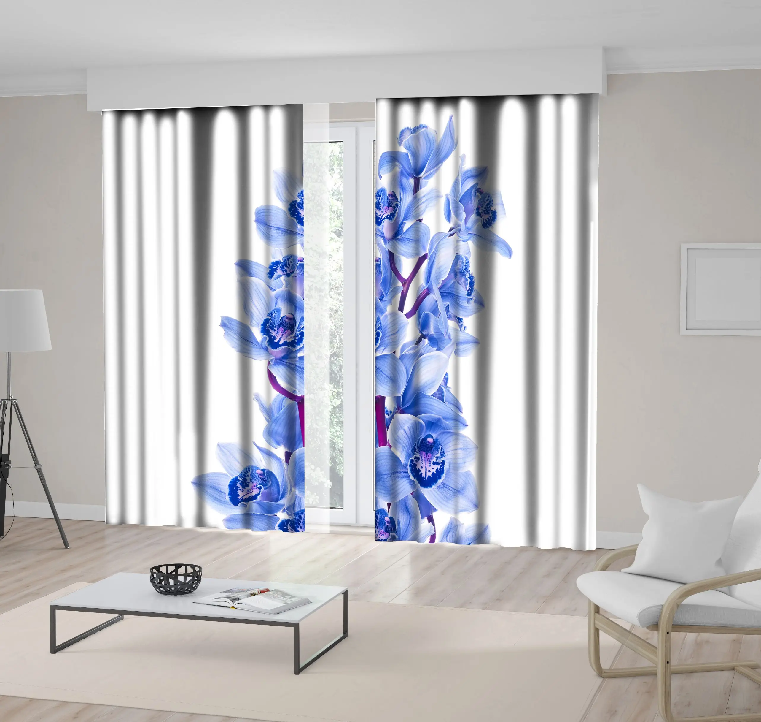 

Curtain Orchid Flowers Branch Blooms Bouquet Romantic Decorative Photo Printed Blue Purple White