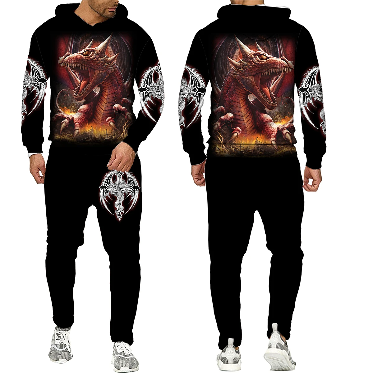 Мужской тренировочный костюм с 3D-принтом дракона модная толстовка капюшоном