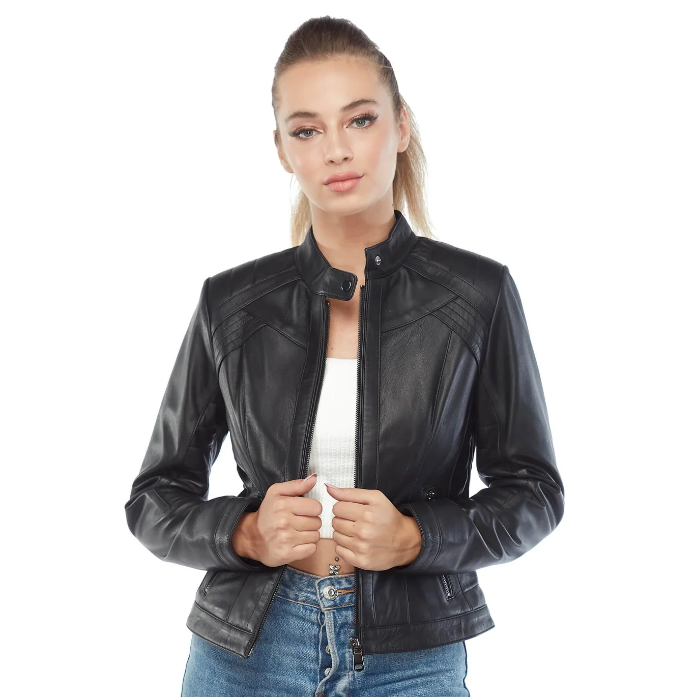 Женская куртка из натуральной овечьей шкуры Байкерская облегающая большого