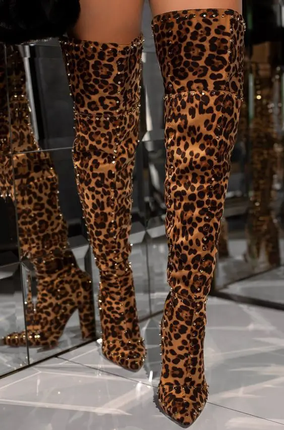 

2020 Women Leopard Boots Lady Fashion Suede High Heel Over The Knee Boots Women Square-toe Rivet Decor Shoes Plus Size 44