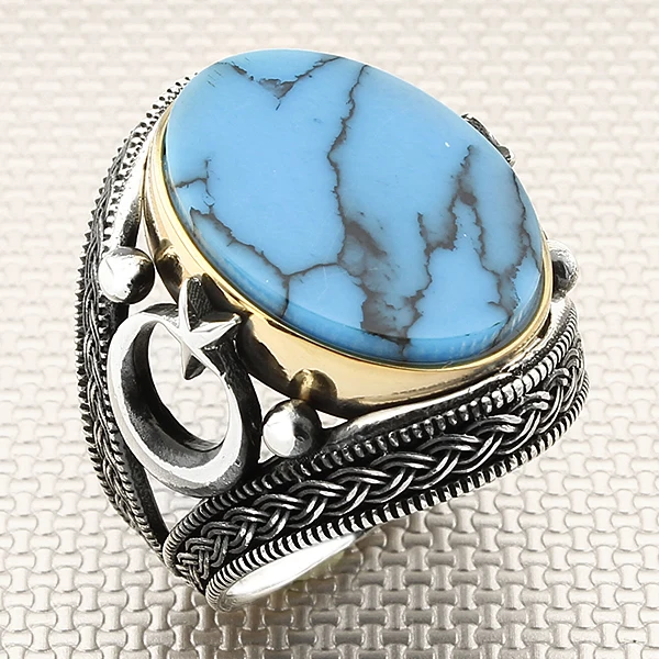 

Gift for Family and Friends Braided Frame Star and Crescent Sterling Silver Men's Ring with Oval Blue Turquoise Natural Stone