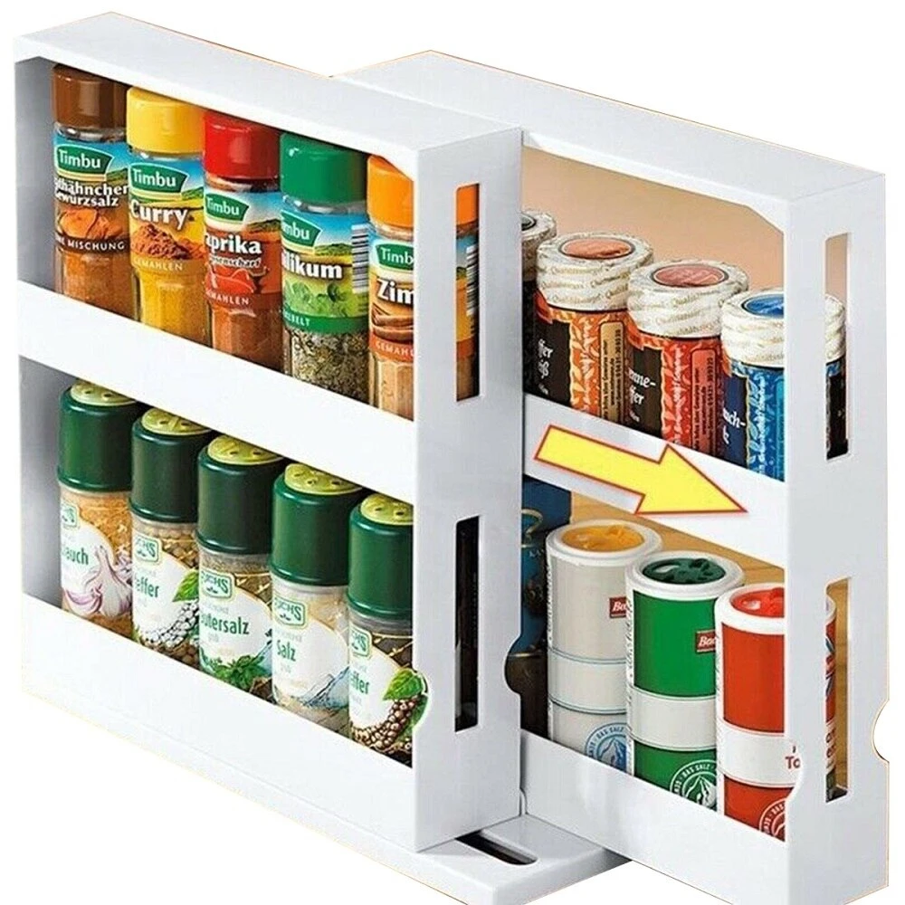 

Kitchen Organizer Container Set Spice Rack Rotating Storage Box Multi-Function Jar Bottle Shelf Slide Double Layer Cupboard