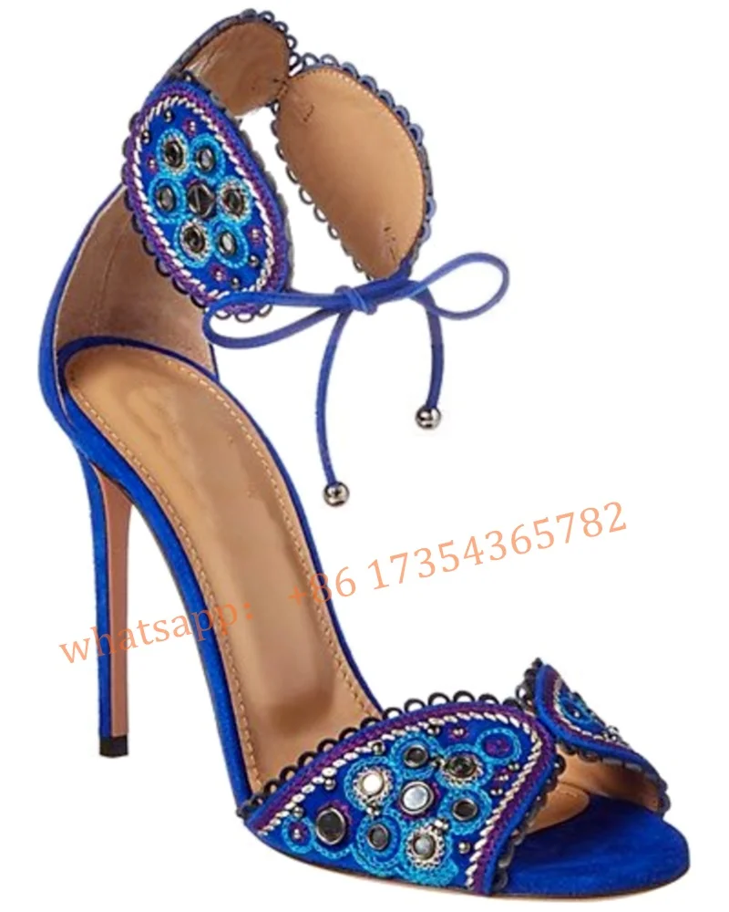 Розовые/синие замшевые сандалии на шпильке летние с открытым носком шнуровке