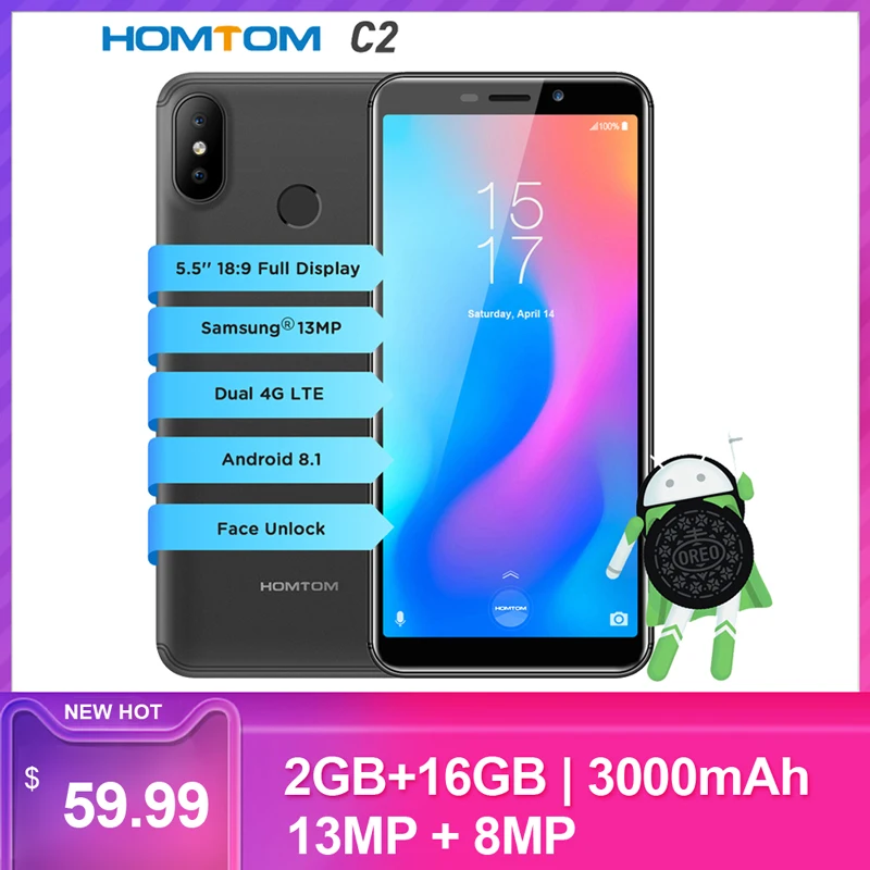 Смартфон HOMTOM C2 4G Face ID, 5,5 дюйма, 2 ГБ, 16 ГБ, Android 8,1, 13 МП, две тыловые камеры, 3000 мА/ч, 18:9 Безель, мобильные телефоны