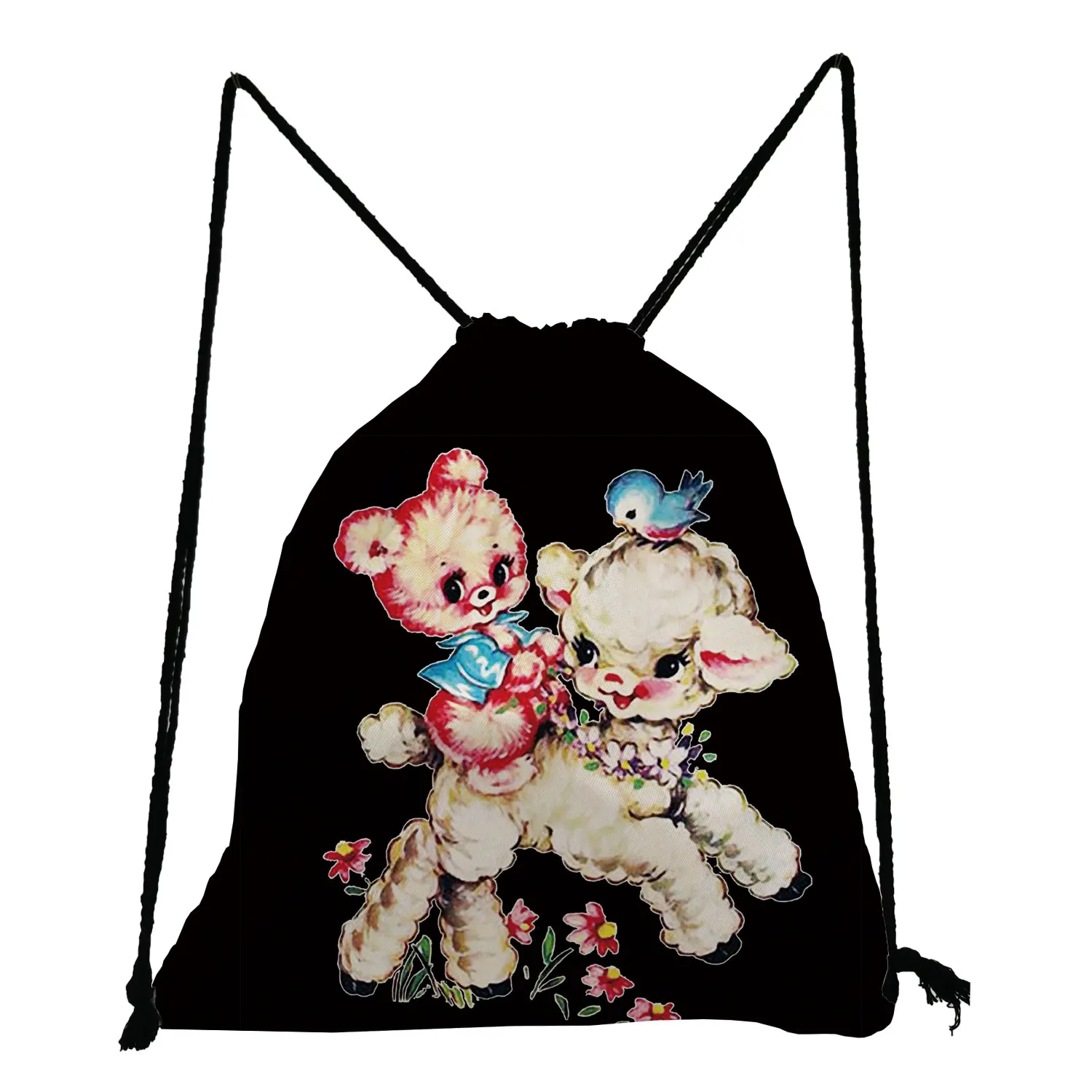 

Black Backpack Sheep Bear Printed Drawstring Bags Lovely Animal Book Bag Casual Unisex Shoe Bag to School Portable Storage Bag