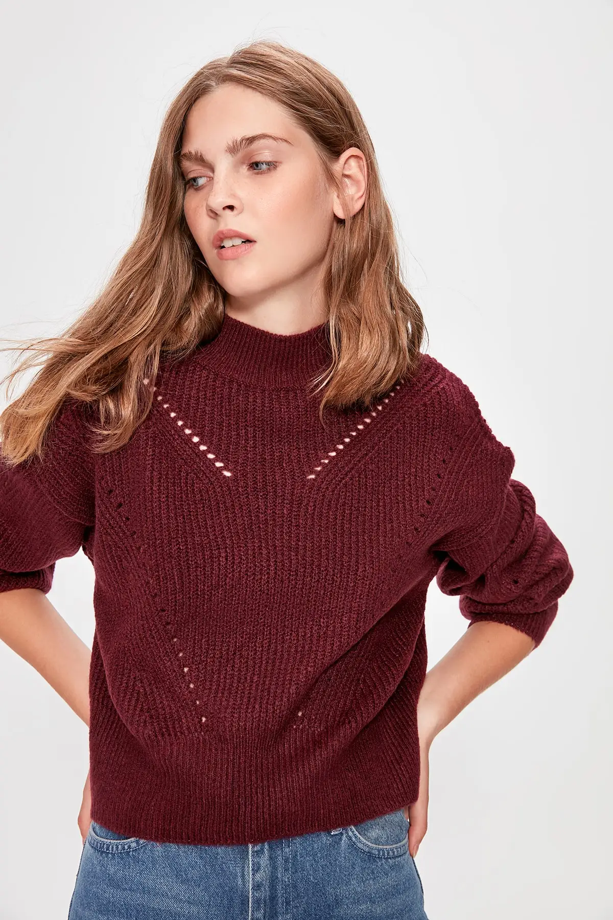 Trendyol бордовый ажурные подробный вязaный свитeр TWOAW20KZ0038 |