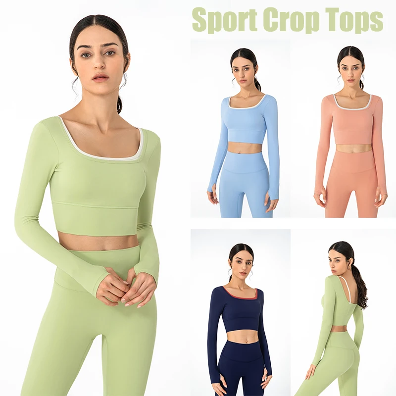 Soft Nude Sports Top Push Up Shockproof Fitness Gym Crop Tops Long Sleeve U-Neck Padded Skinny Running Workout Yoga Wear