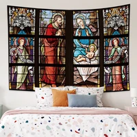 stained church glass pattern drawing kawaii room decor aesthetic decor tapestry wall hanging polyester table cover yoga beach