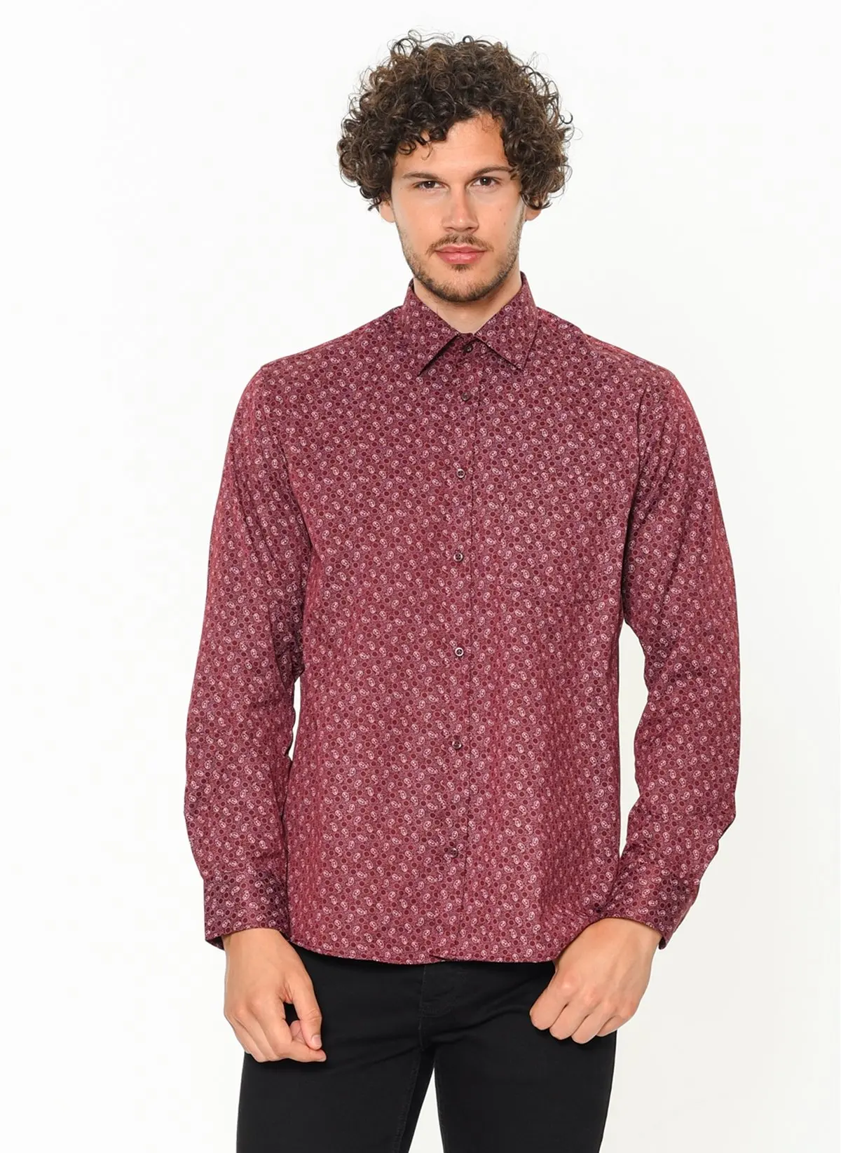 Мужская рубашка с длинным рукавом бордовая красная Повседневная принтом пейсли