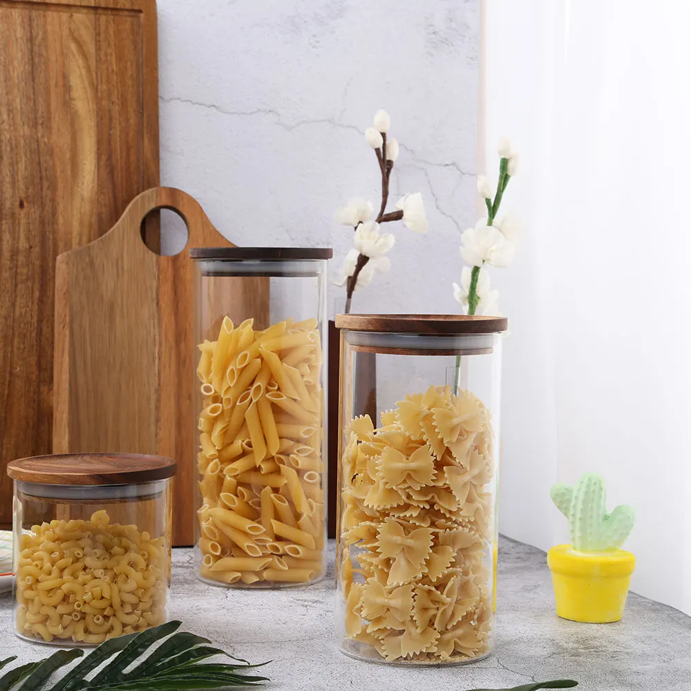1 шт стеклянная пищевая бутылка для хранения Бамбуковая крышка закуски зерно чай