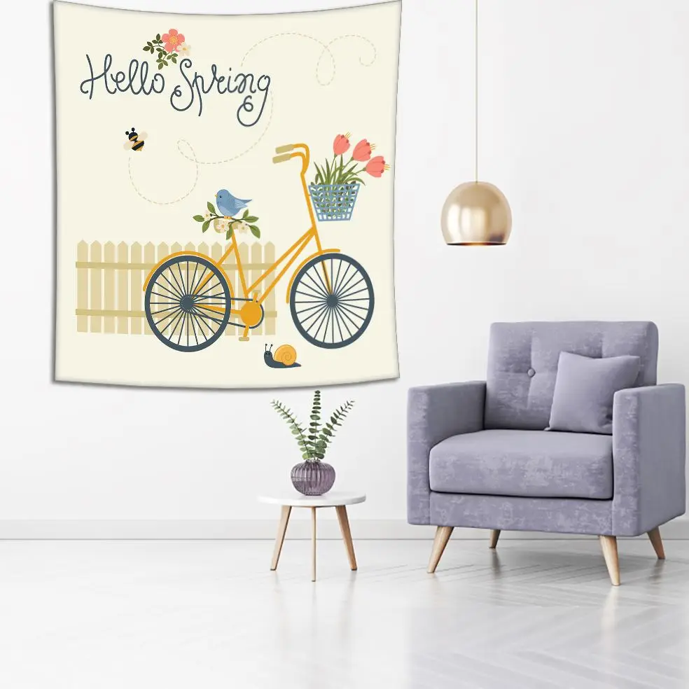Гобелен велосипед цветы птица пчела улитка и забор &quotHello Spring&quot Весенняя тема