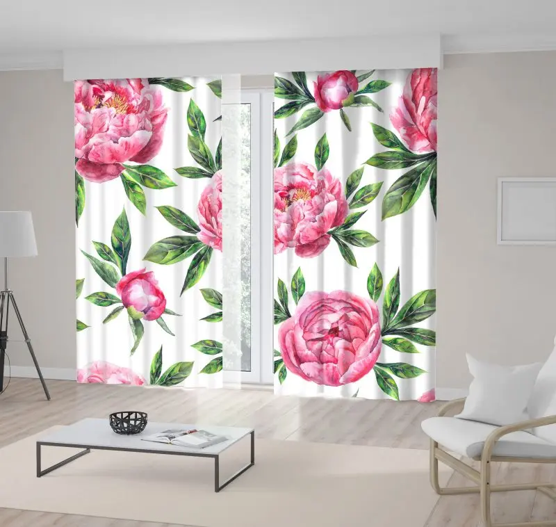 

Curtain Peonies and Leaves Flower Garden Classic Romantic Decorative Art Printed Pink Green