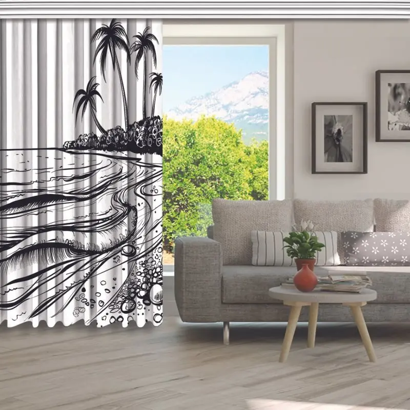 Занавеска с морскими волнами и пальмами вид на море иллюстрация черно-белый