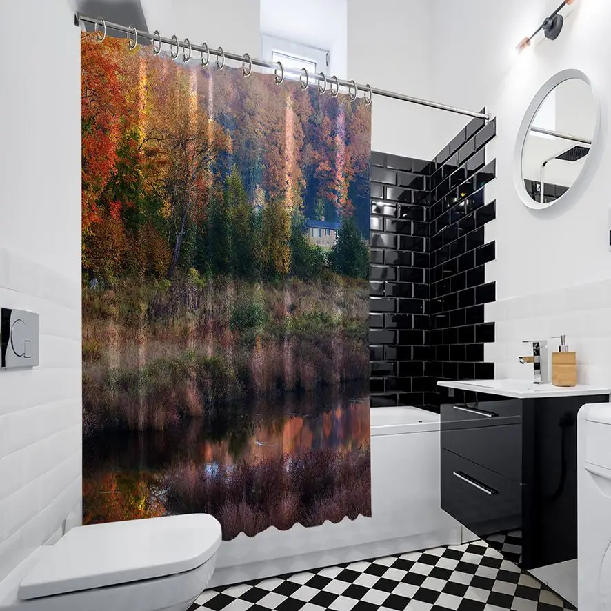 Занавеска для душа Осенняя листва Риверсайд деревья лес дом Сельский спокойный