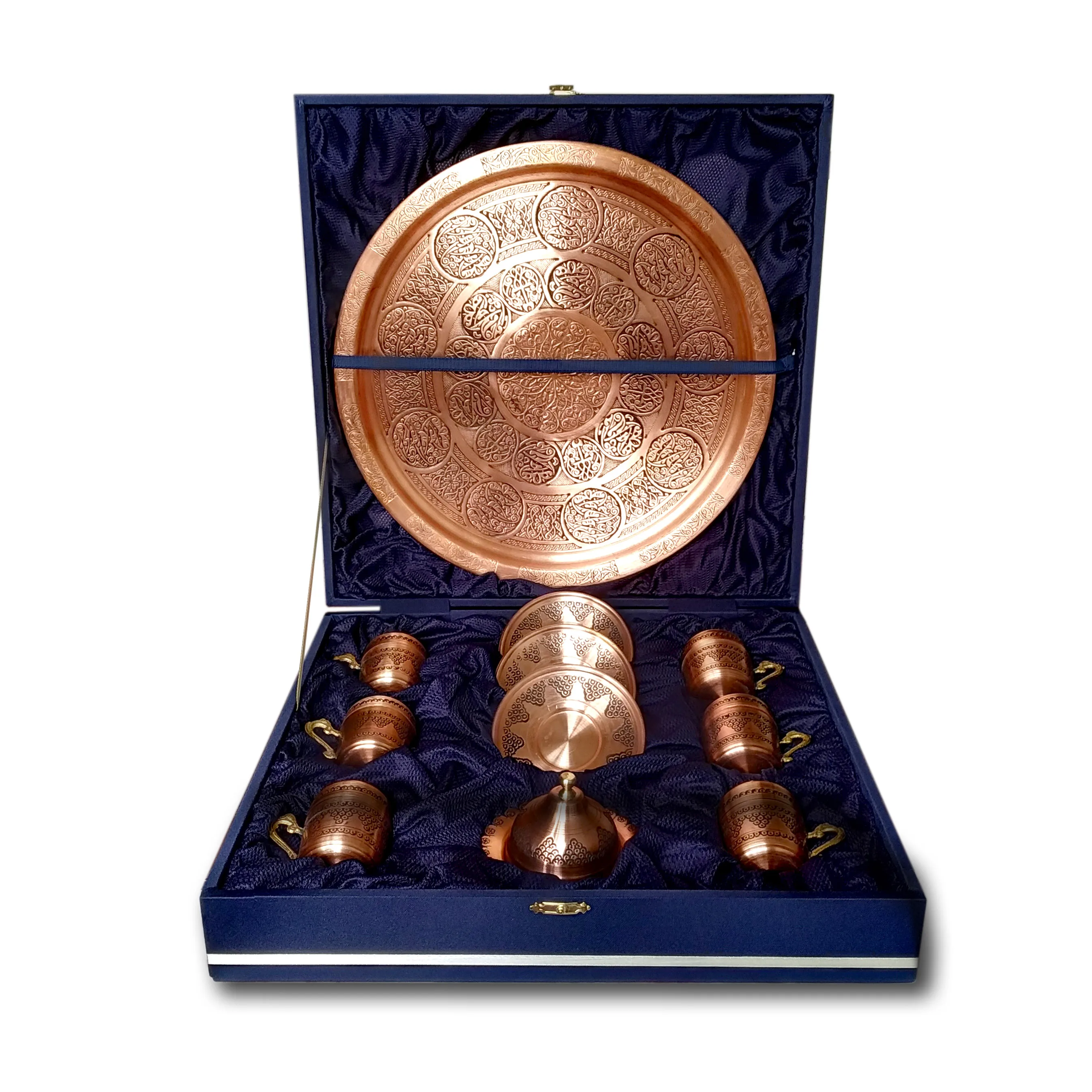 

Handmade & Hammered Copper Set of Ottoman Turkish Greek Arabic Coffee Serving Cup Saucer Set, with special velvet box