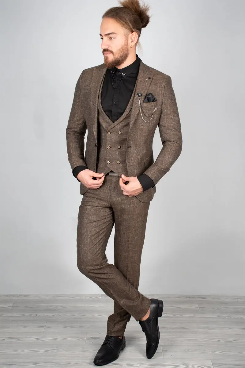 

DeepSEA Coffee Luxury Men 'S Suit Tuxedo Pattern Fabric Tight-Fitting Mould Work (Blazer + Pants + Vest + Hankerchief) 2001166