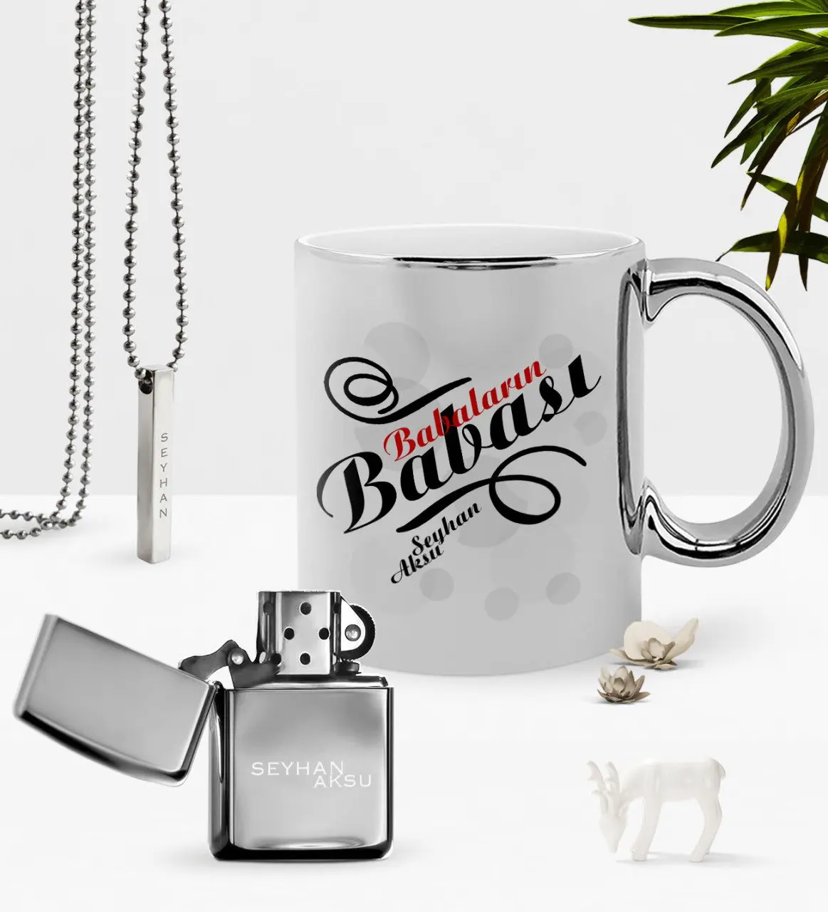 Personalized Babaların Father Chrome Mug Gasoline Lighter Pendant Seti-1