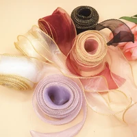 9m4cm gold edge wave silk lace organza gauze ribbon bow material for hair ornament gift wrapping bouquet christmas decoration