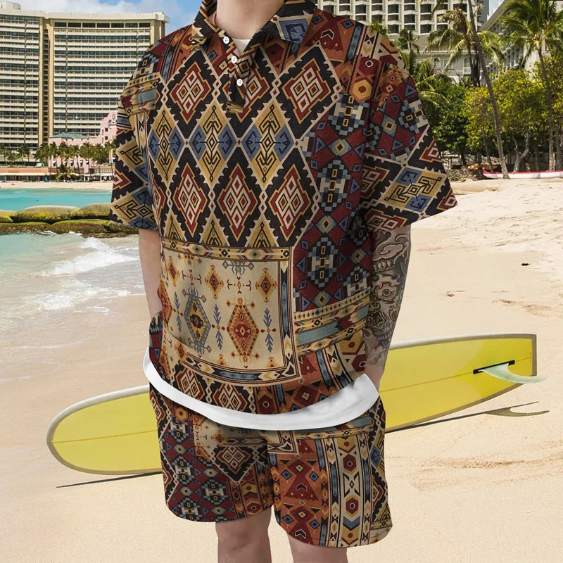

2022 Summer Casual Polo Shirt Thin Youth Suit 3d Ethnic Element Printing Fashion Beach Shorts T-shirt Two-piece