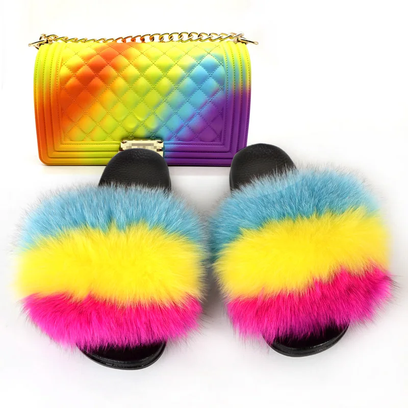 

GW Woman Shoes Fur Slides Matte Colorful Jelly Bags Multi Color Fur Slippers Set Fashion Ladies Fluffy Furry Slides Purse