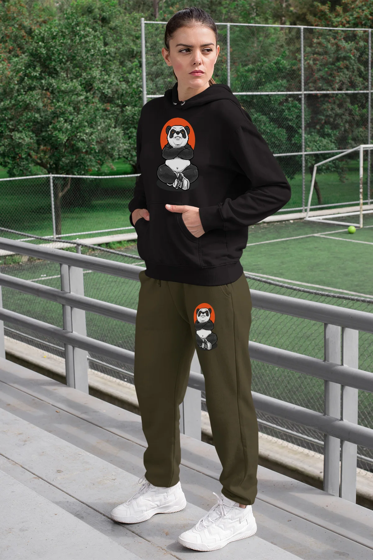 Женский спортивный костюм Angemiel Wear Fighter Panda Черный свитшот с капюшоном зеленые