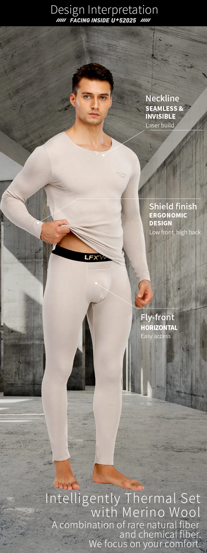 52025 Men Thermal Underwear with Merino Wool Seamless Elegant Stylish Fashionable Soft Comfortable Long Johns Warm Thermals mens long johns set