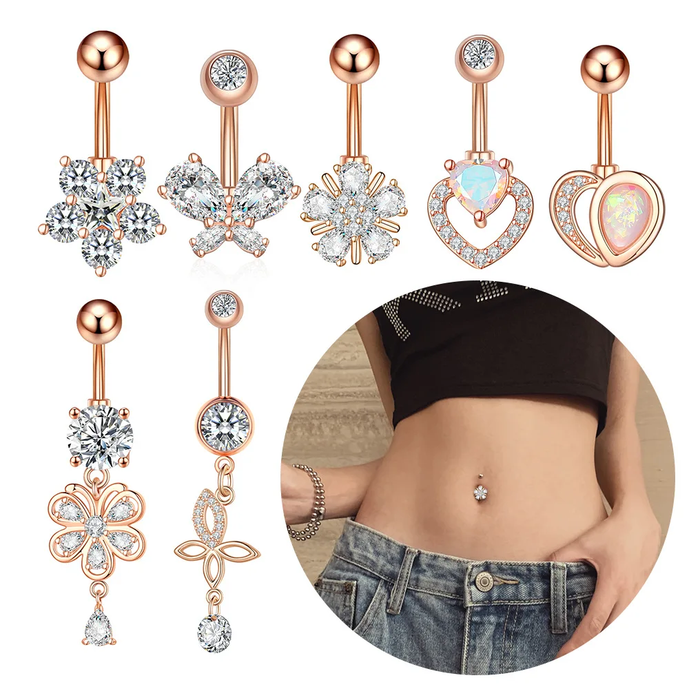 

1pc 2023 New Zircon Fashion Surgical Stainless Steel Navel Piercing Flower Pendant Belly Button Rings Belly Piercing Body Jewely