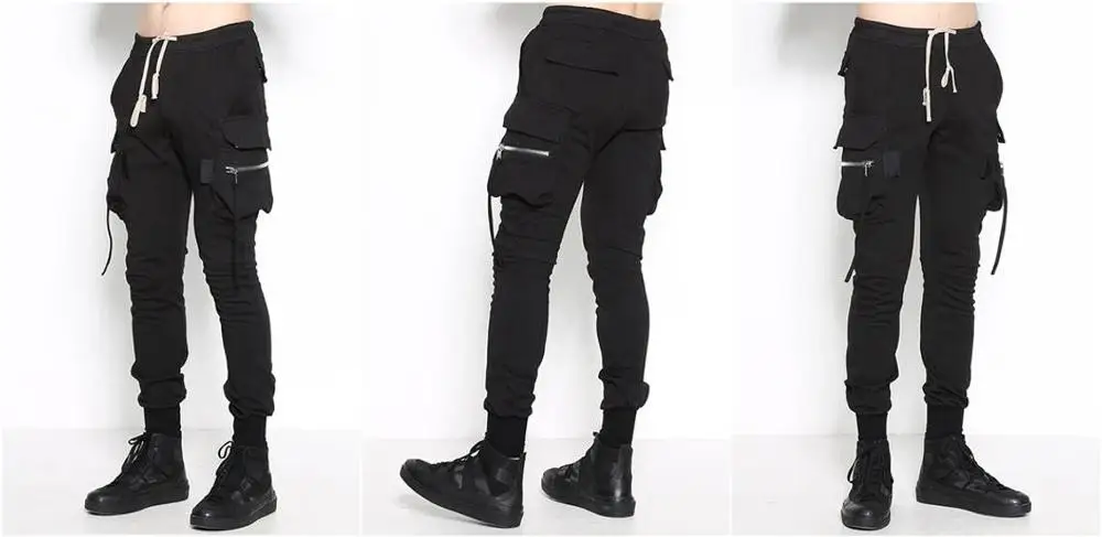 

Black Men's High Street Multi -Pocket Slim Fitted Jogger/Boots Pants Casual Overalls / Pioneer Pocket Zipper Slacks