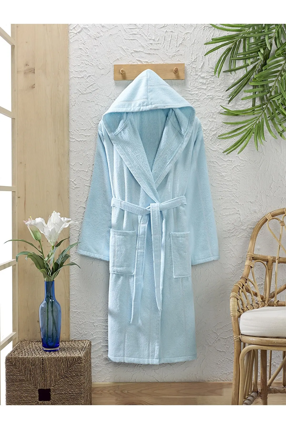 Luxury Cotton Sky Blue Bathrobe For Men For Women With Hooded And Belt Towel Velvet Nightrobe Sleepwear Bath Robe Made In Turkey