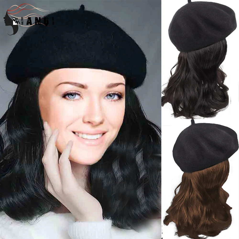 DIANQI Synthetic Hair Short Curly Hat Wigs For Women with Black Beret Naturally Connect False Hair Girl Party Hat Wig