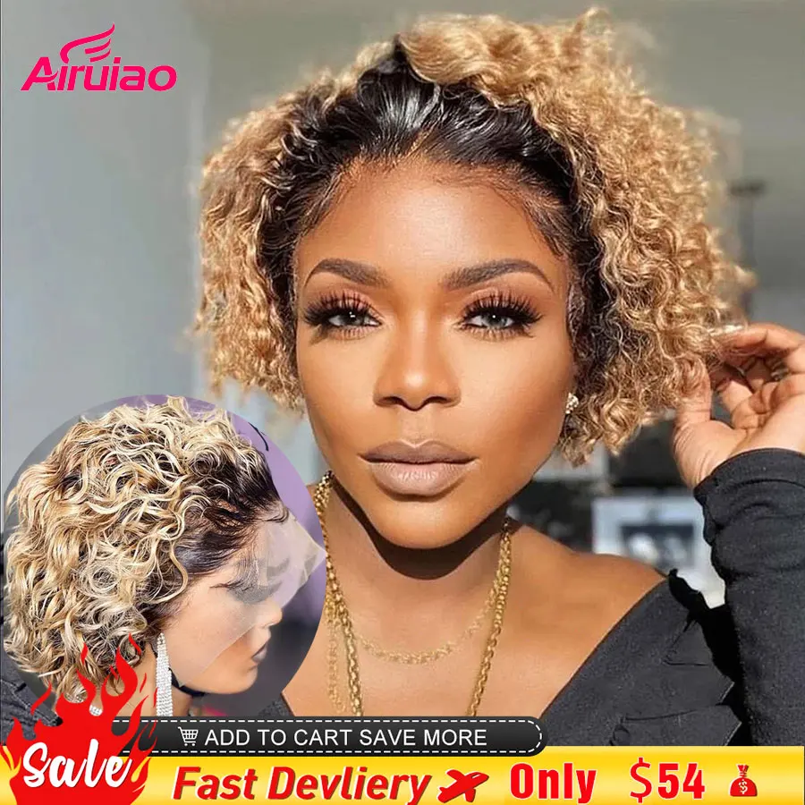 

Ombre Honey Blonde Pixie Cut Bob Lace Frontal Human Hair Wigs Short Kinky Curly Colored Pre Plucked Woman Lace Front Bob 13x1