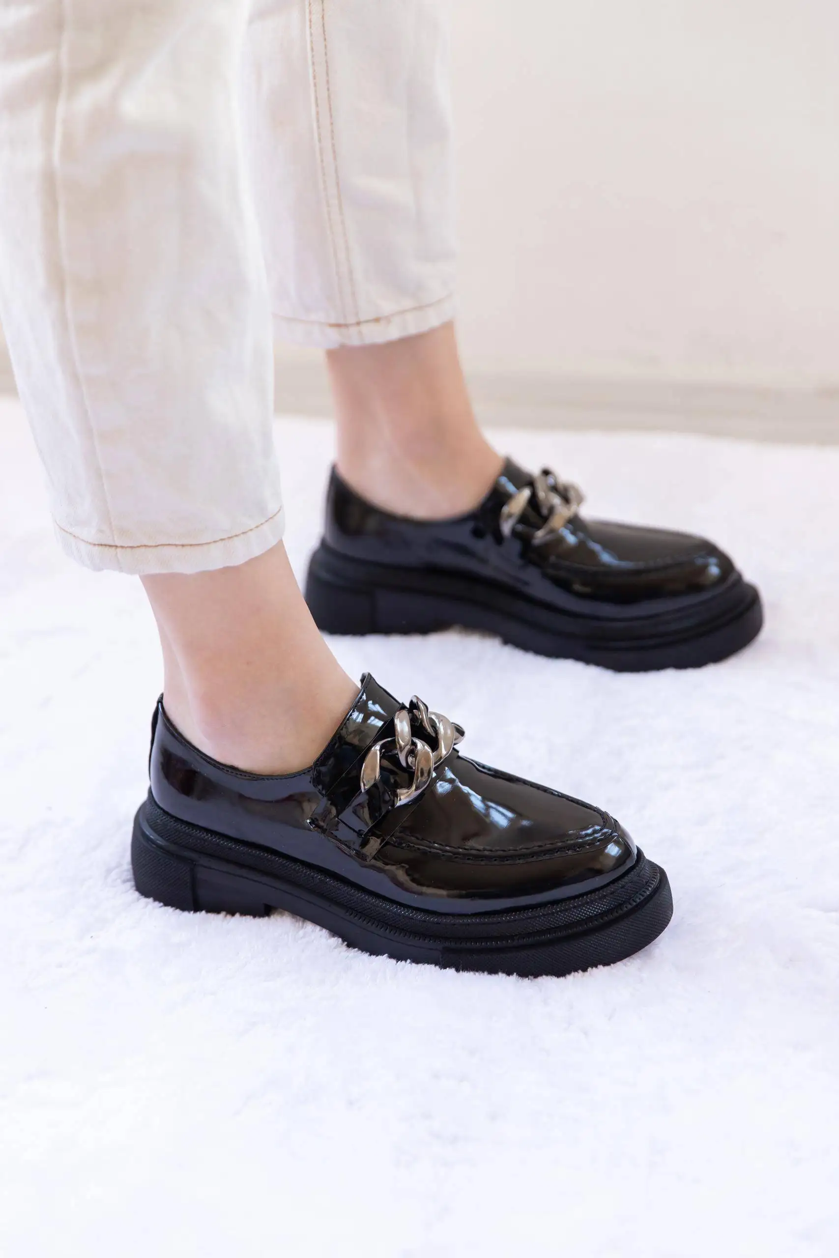 

Kansas Black Patent Leather Sneakers new season chain detail sneaker stylish design