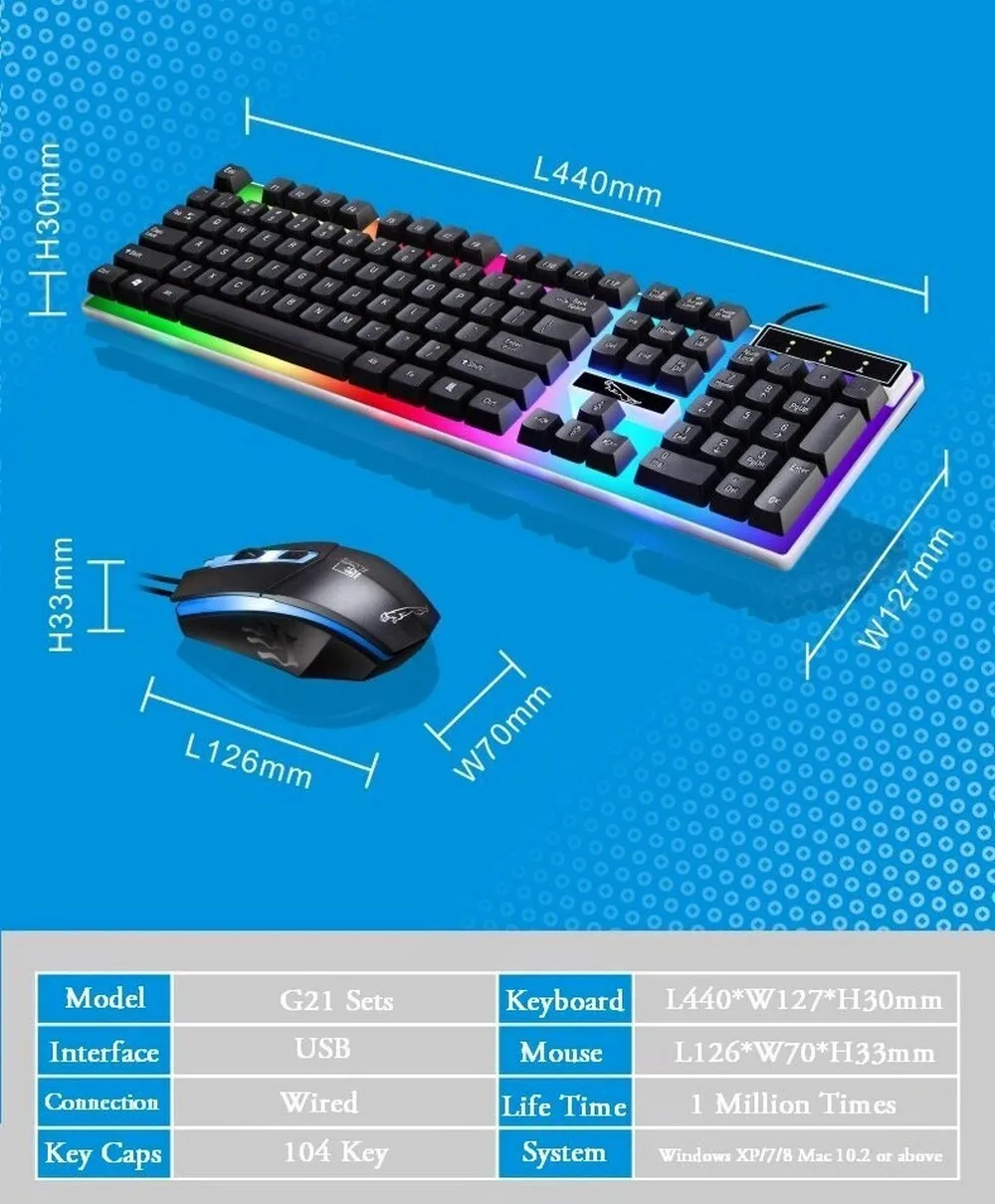 Комплект клавиатура и мышь проводные игровые для компьютера с подсветкой RGB