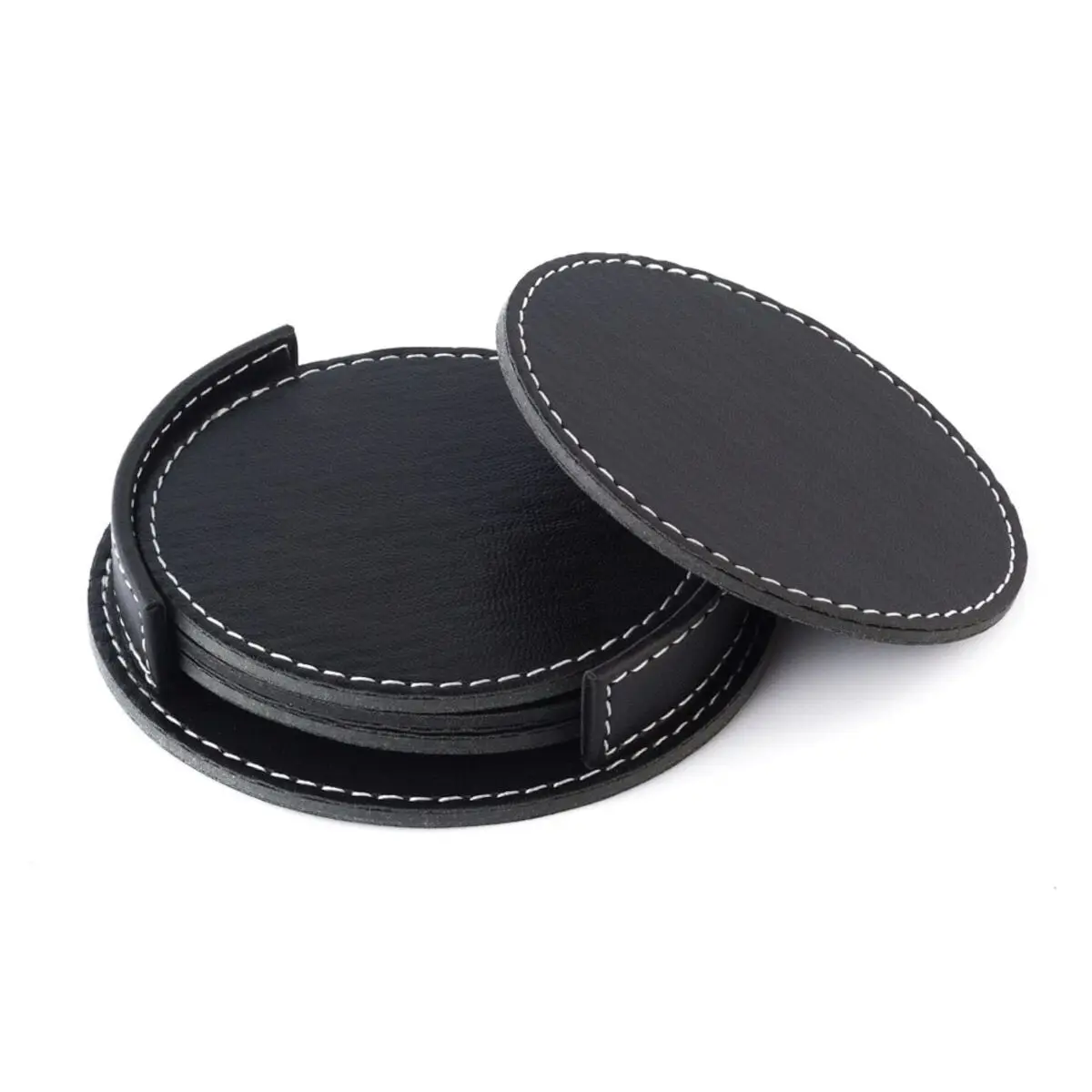 

Leather Coaster 4 Pcs Glass Mat Wicker Coffee Cup Pad Base Decoratif Home Decor Style Noel Gift 11x9 Cm Working Place Black Tan