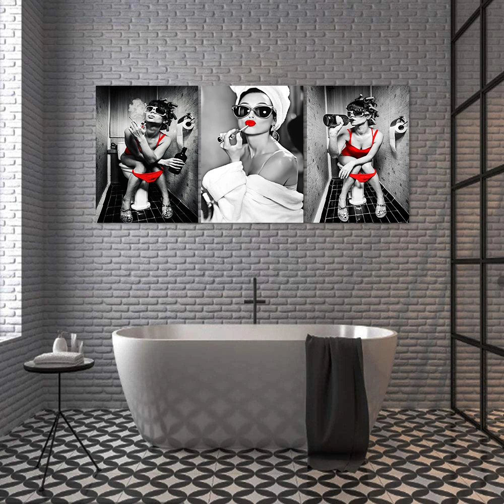 

Настенное искусство сексуальная женщина плакат печать Badgirl питьевой курить красные губы холст живопись современное искусство душ комната ...