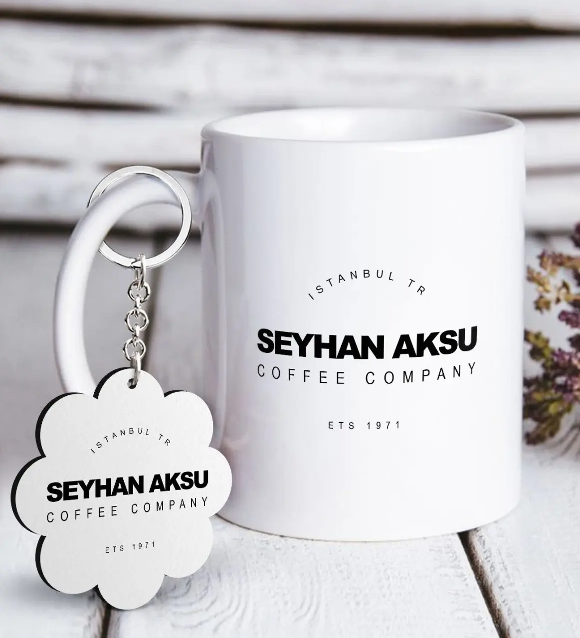 

Personalized Coffee Company White Mug and Keychain Gift Set