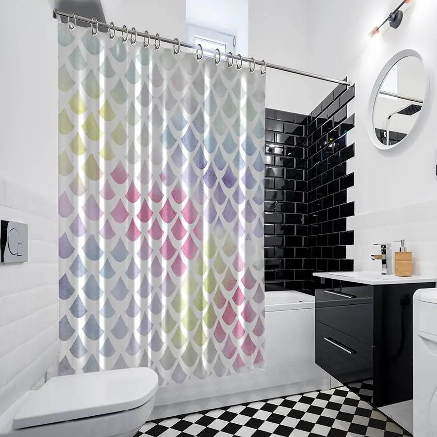 Занавеска для душа цветная рыбья чешуя декоративный орнамент стильное