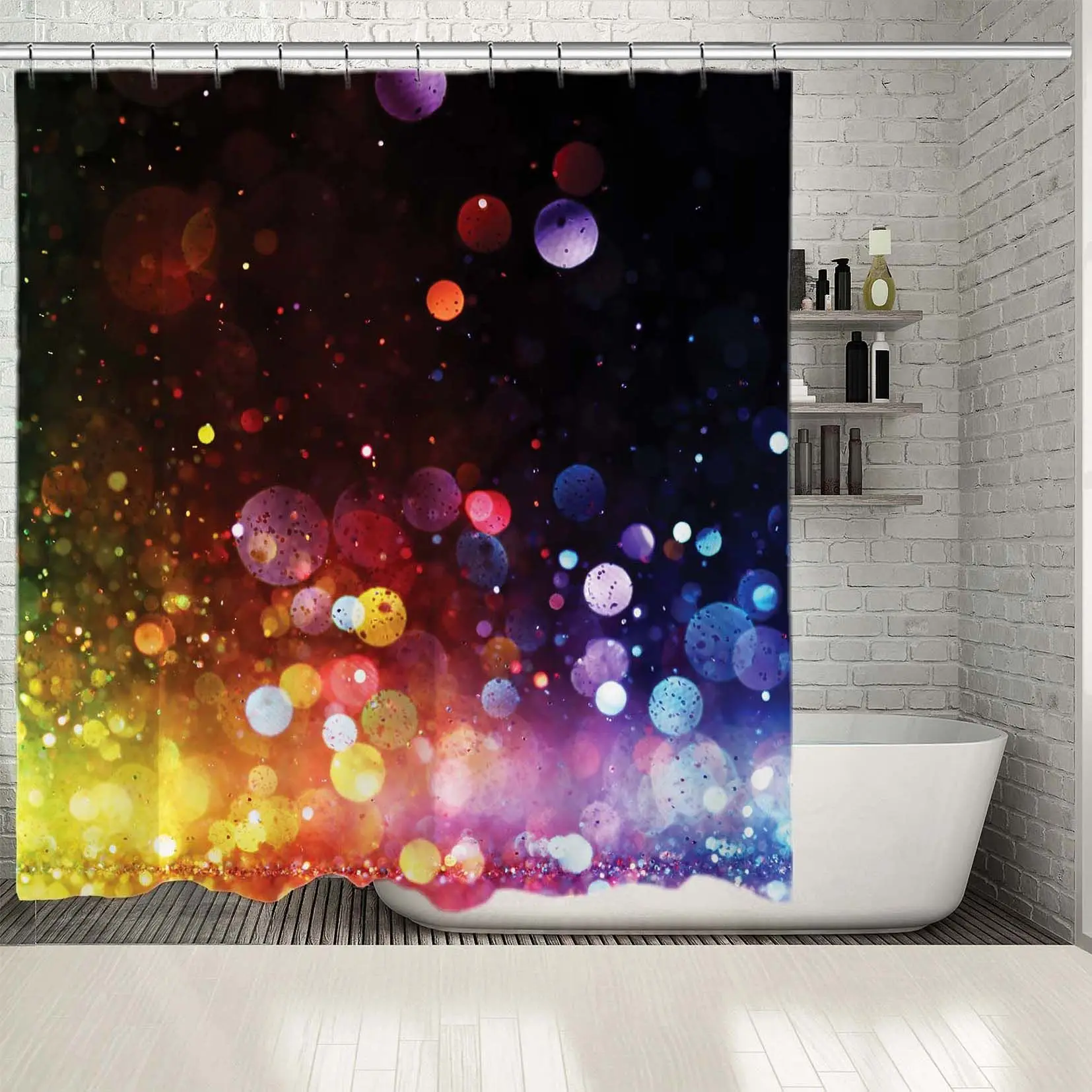 

Shower Curtain Rainy City Night Becomes Blurred of Rainbow Lights Colorful Modern Artwork Green Yellow Blue