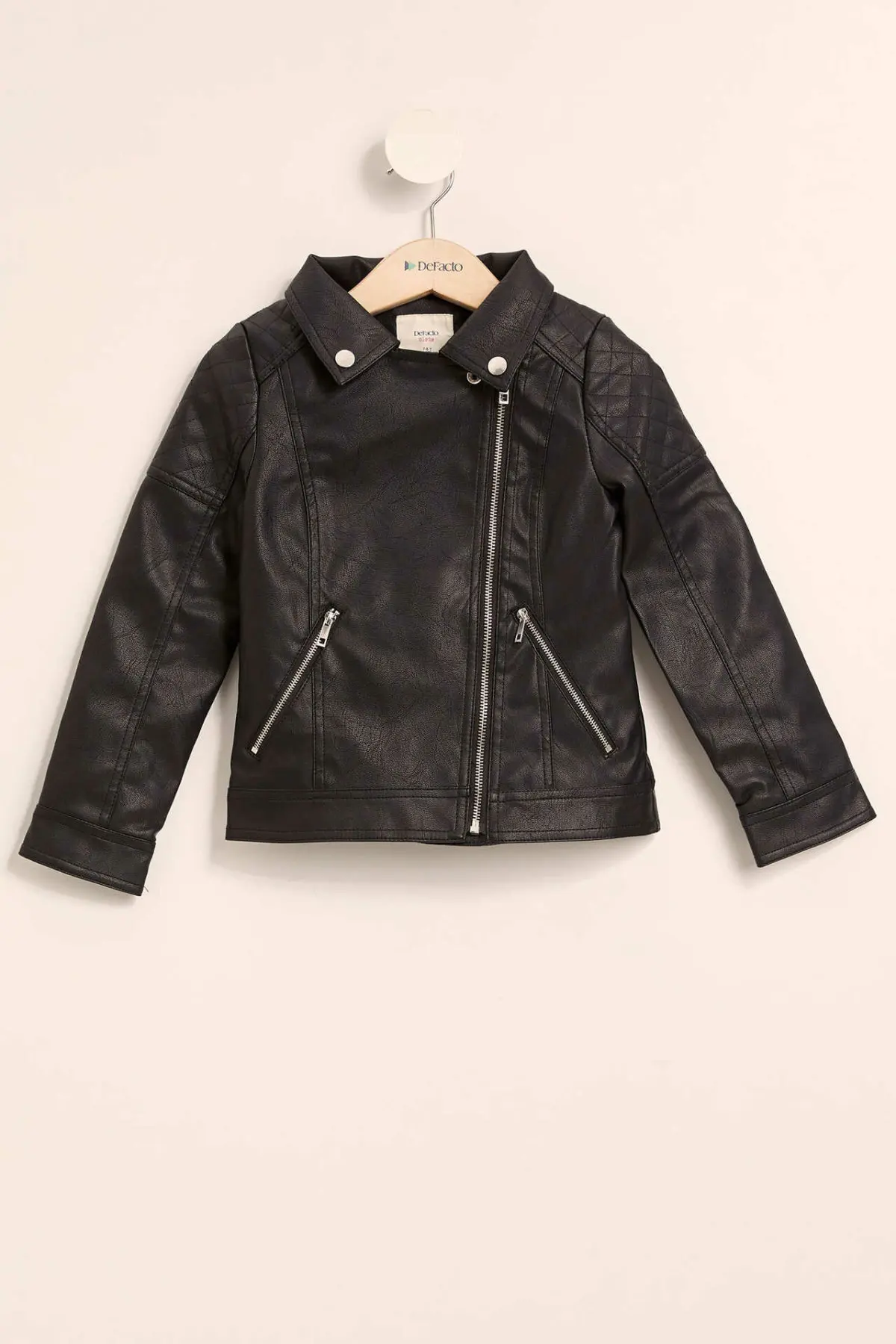 DeFacto Girl Black Lapel Collar PU Leather Zipper Coat Casual Pocket Cool Jacket Autumn Spring New Fashion Girls - K1206A619SP | Детская