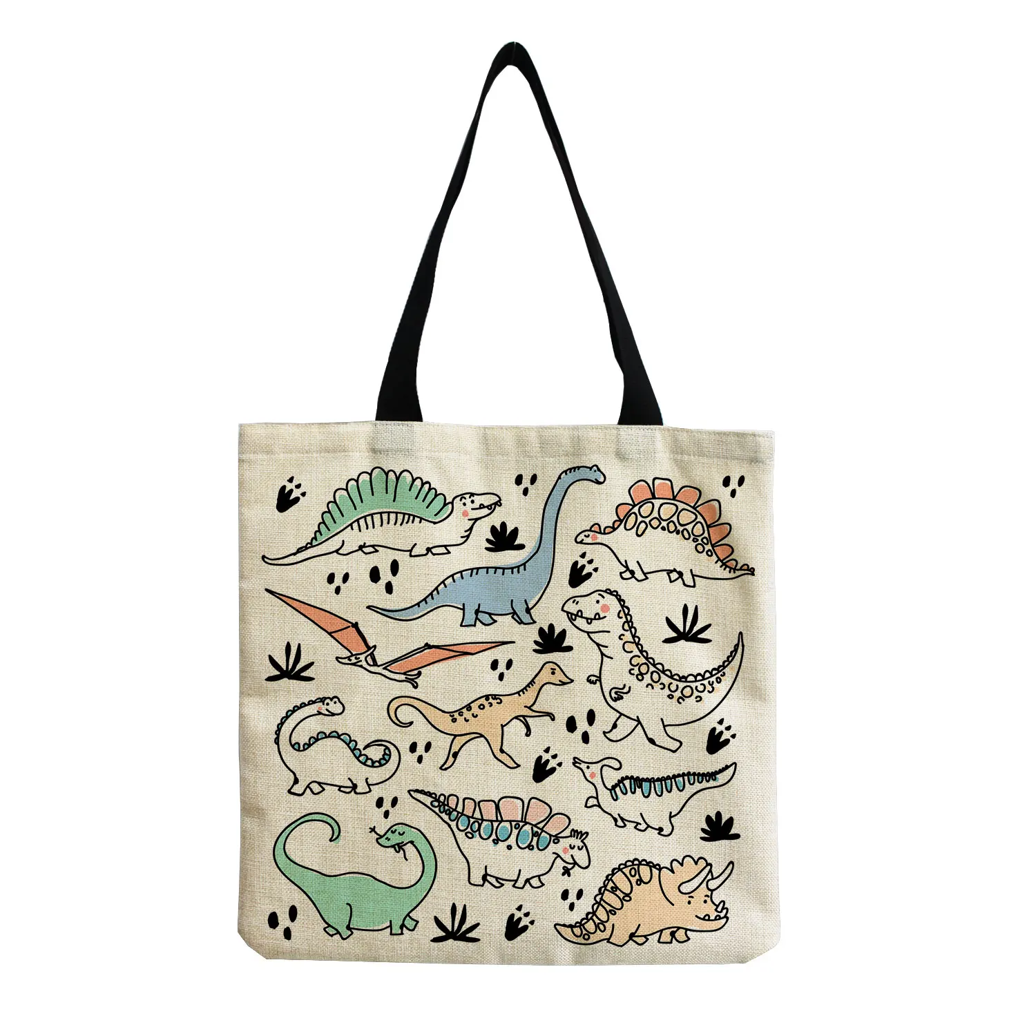 Cartoon Cute Dinosaur Printed Tote Linen Personality Girl Shoulder Bag Large Capacity Travel Storage Packs Women Shopping Bag Women's Bags expensive.