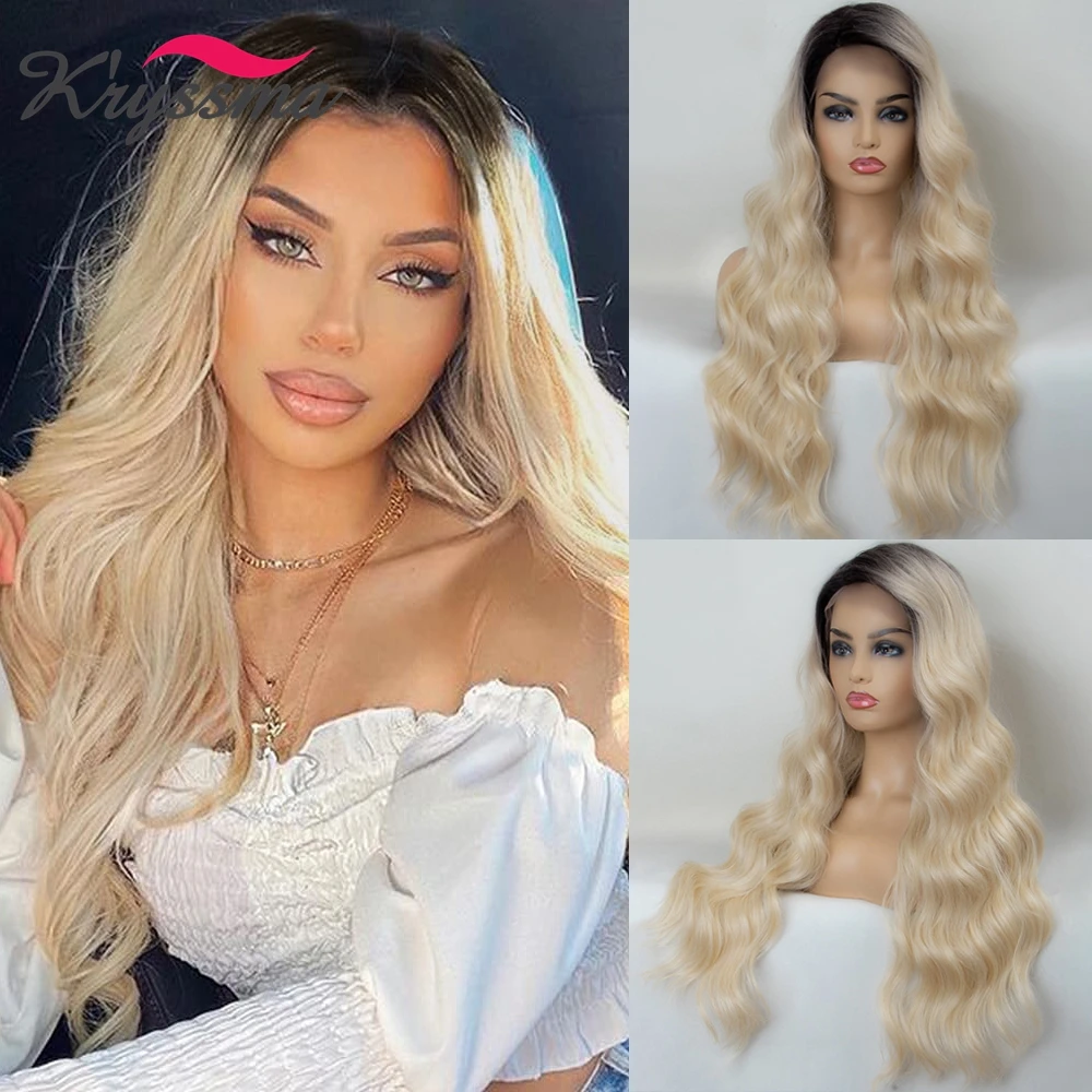 

Kryssma Blonde Lace Front Wig Long Body Wave Ombre Blonde Synthetic Lace Part Wigs Natural Hair Cosplay Wigs For Black Women