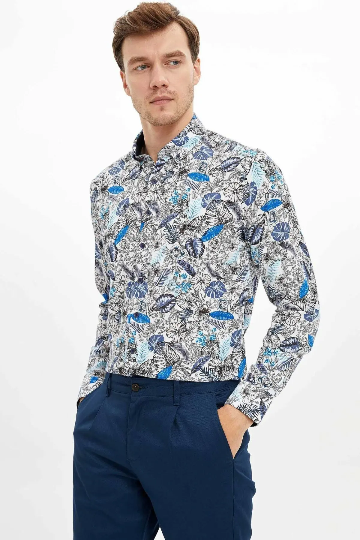 DeFacto модная мужская Повседневная рубашка с отложным воротником и принтом простые