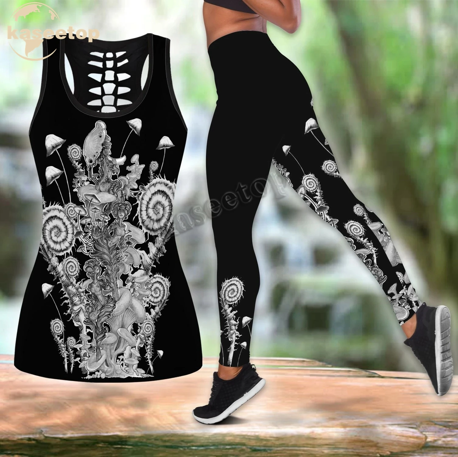 

Kaseetop Mushroom Fairy Combo Two Piece Yoga Set Women 3D Print Vest Hollow Out Hollow Tank & Legging Outfit Summer Casual LK74