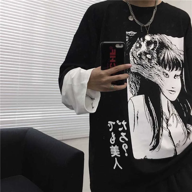NiceMix Harajuku футболка женская поддельная 2 шт. принт японский Fujiang Ужасы комиксы длинный рукав рубашка Женская Vetement Femme