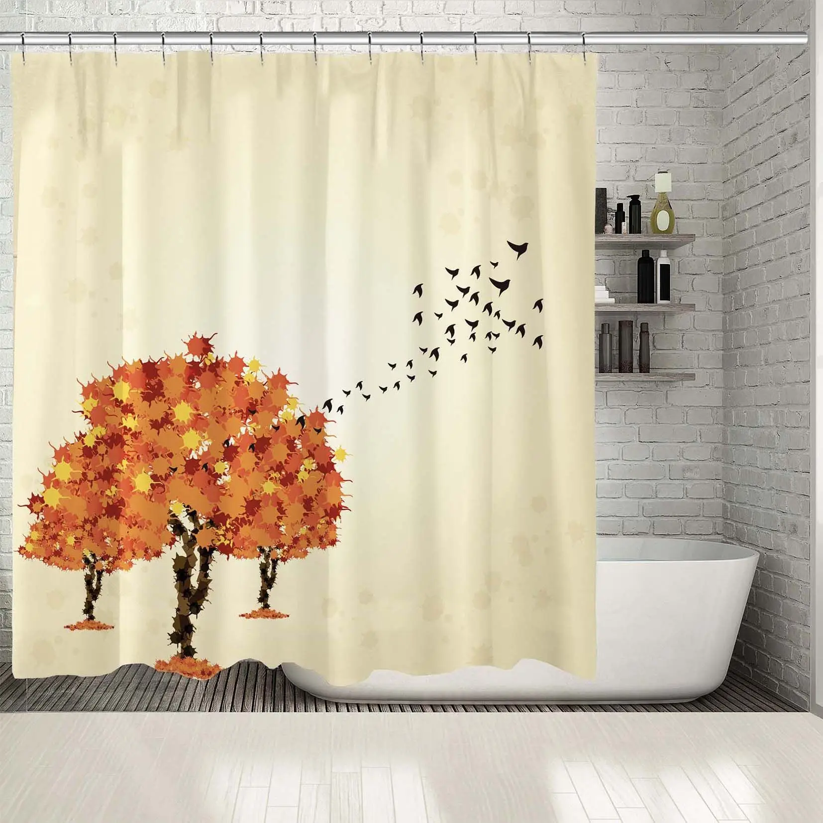 Занавески для душа Осенние деревья и птицы летающие в Южную сельскую природу