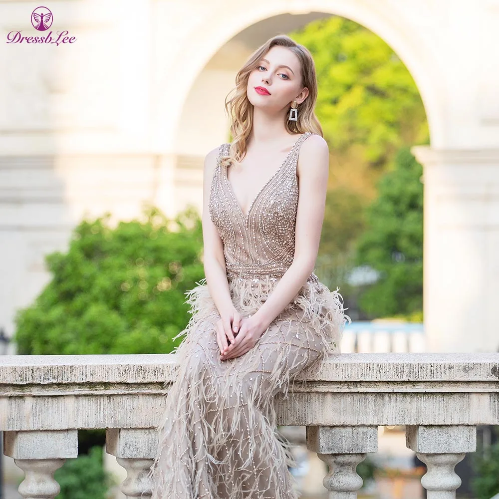 DressbLee Khaki Mermaid Banquet Dress V-neck Dress Full Beaded Crystal and Feather Long Dress Backless Sexy Formal Prom Dress