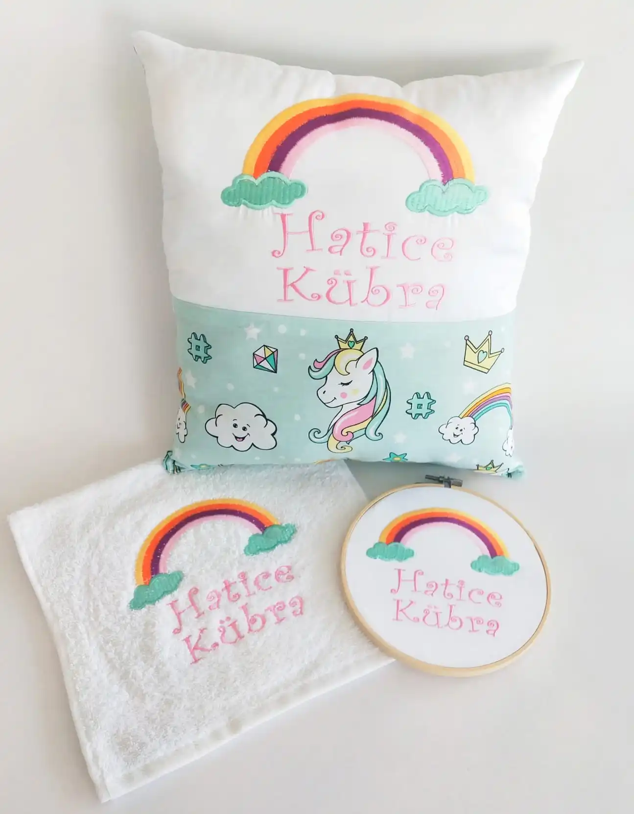

Jaju Baby Handmade, Embroidered Rainbow Name Pillow, Towel and Pulley Set (Text is Embroidered Upon Request)