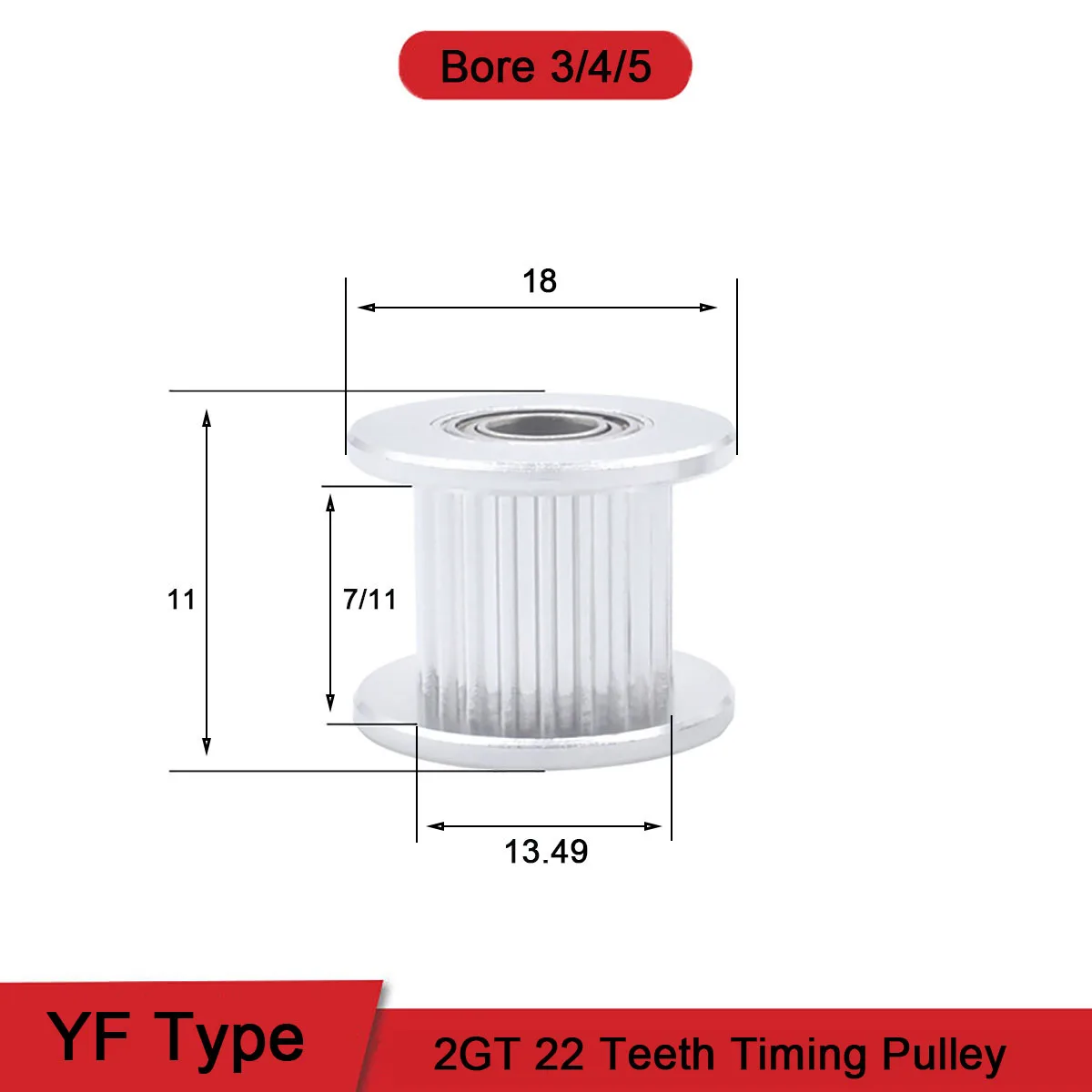 

1Pcs 22 Teeth 2GT YF Type Synchronus Wheel Idler Pulley Bore 3 4 5mm Aluminium Timing Pulley Width 7 11mm