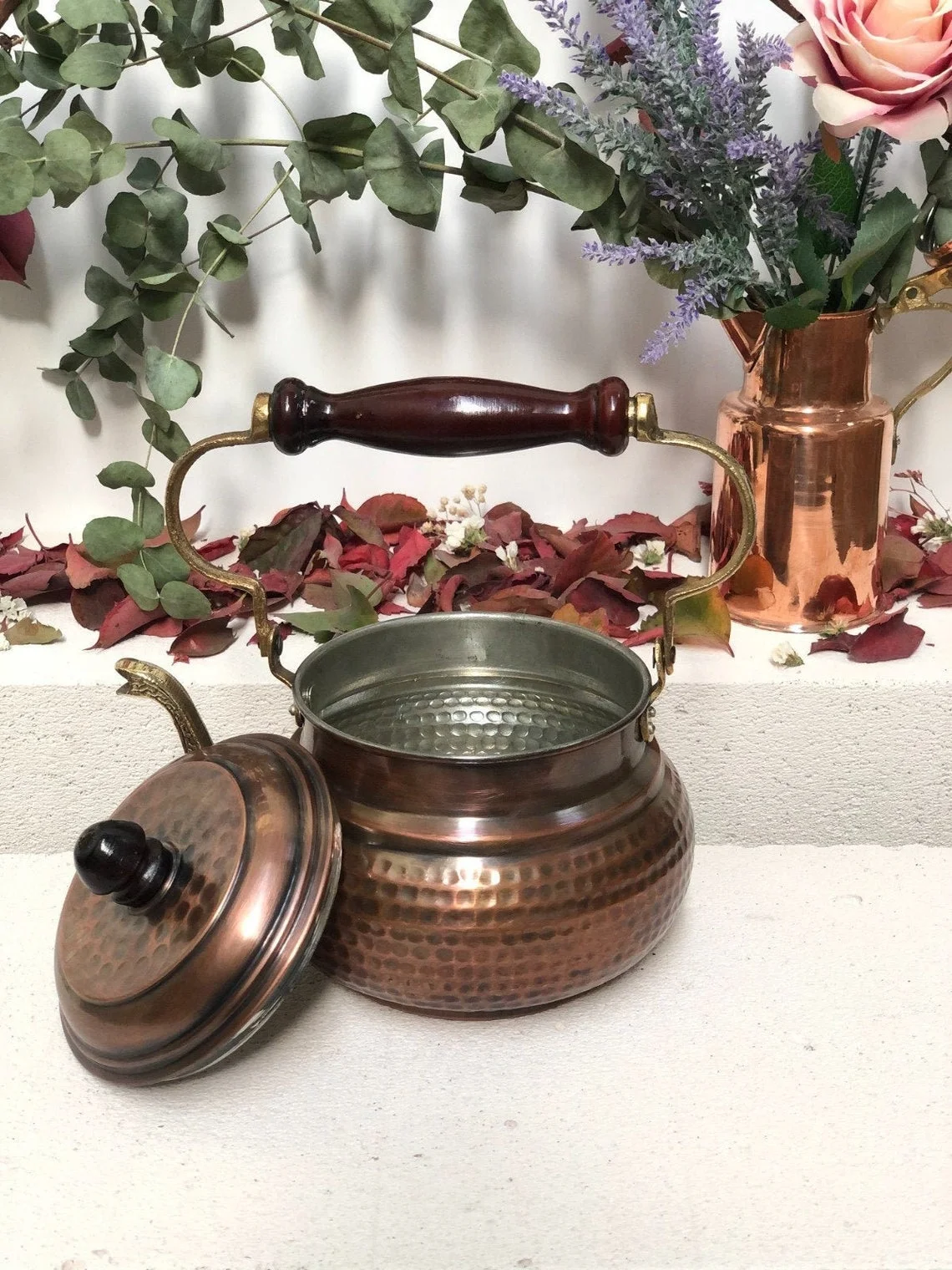 

Italian Design Handmade Pure Copper Tea Kettle Lid 1000ml Large Coffee Tea Pot Handcrafted Pure Copper Hammered Pure Copper