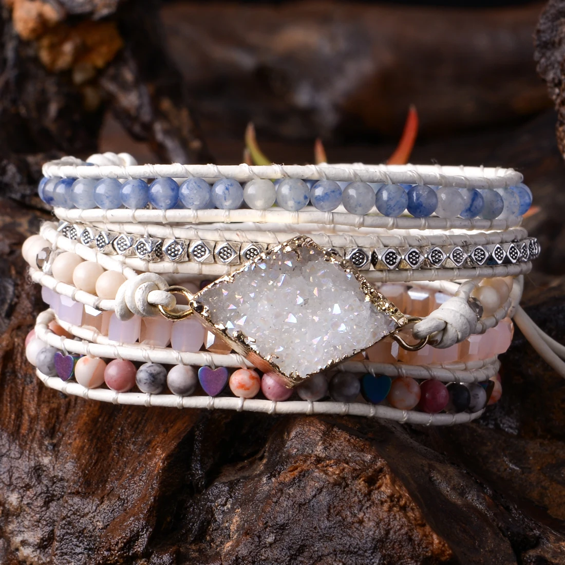 

Leather Bracelets Mixed Natural Stones Quartz Druzy Charm 5 Strands Wrap Bracelets Handmade Druzy Bracelet Dropship